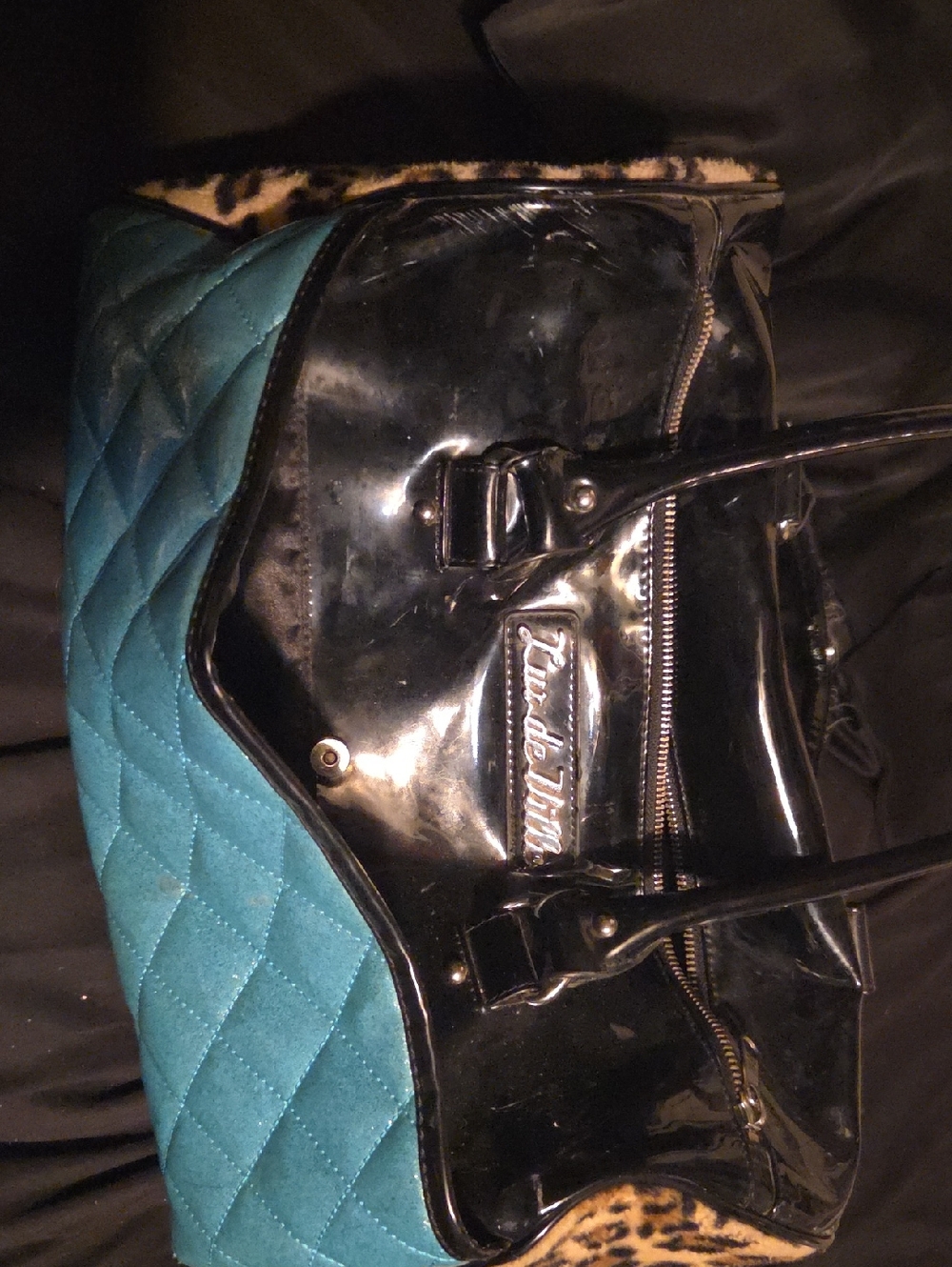 Lux de Ville Teal Quilted and Black Patent Tote with Leopard Trim